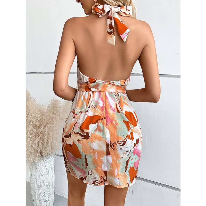 Boho print sleeveless halter mid-length dress