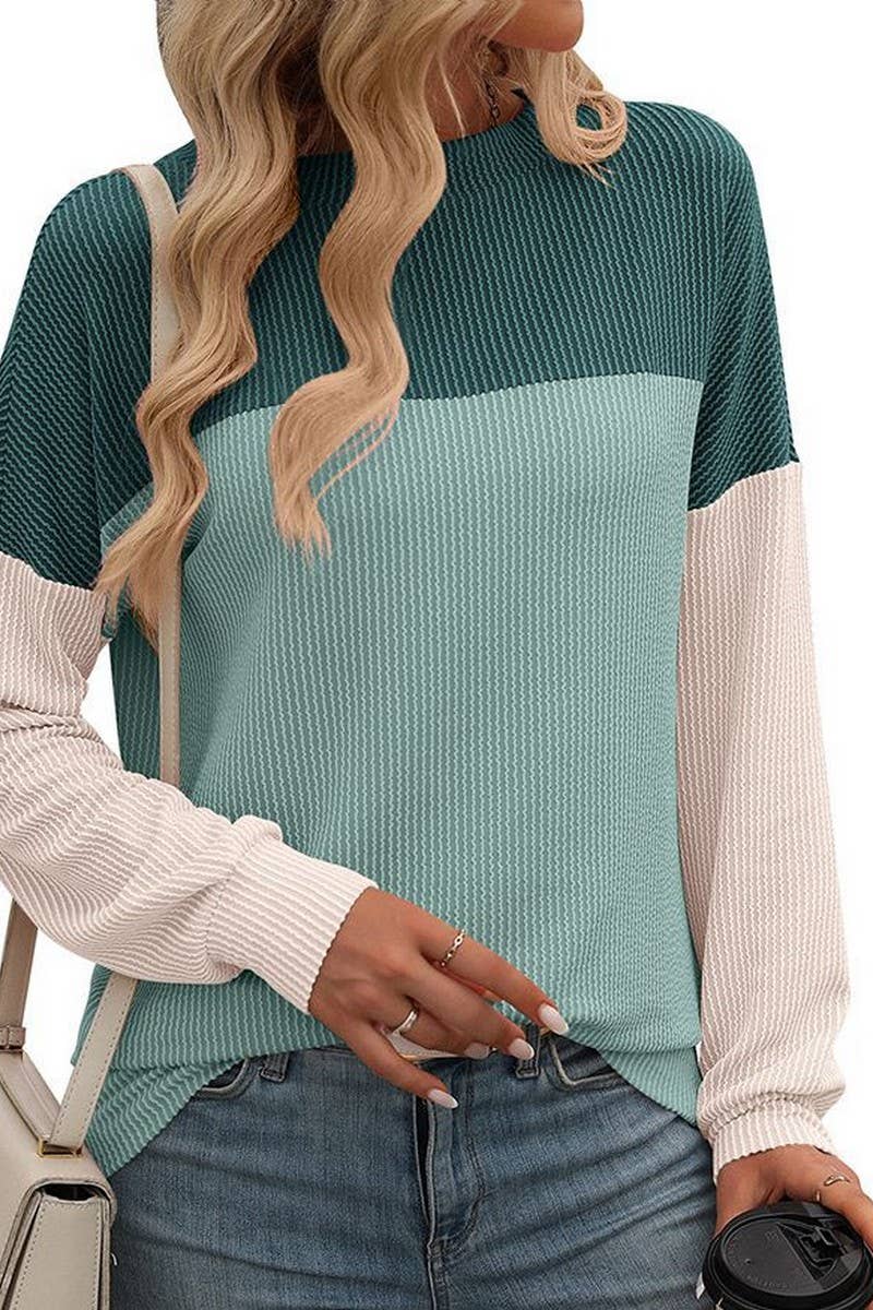 CWTBLL1490_ROUND NECK TWIST COLOR BLOCK LONG SLEEVE T-SHIRT
