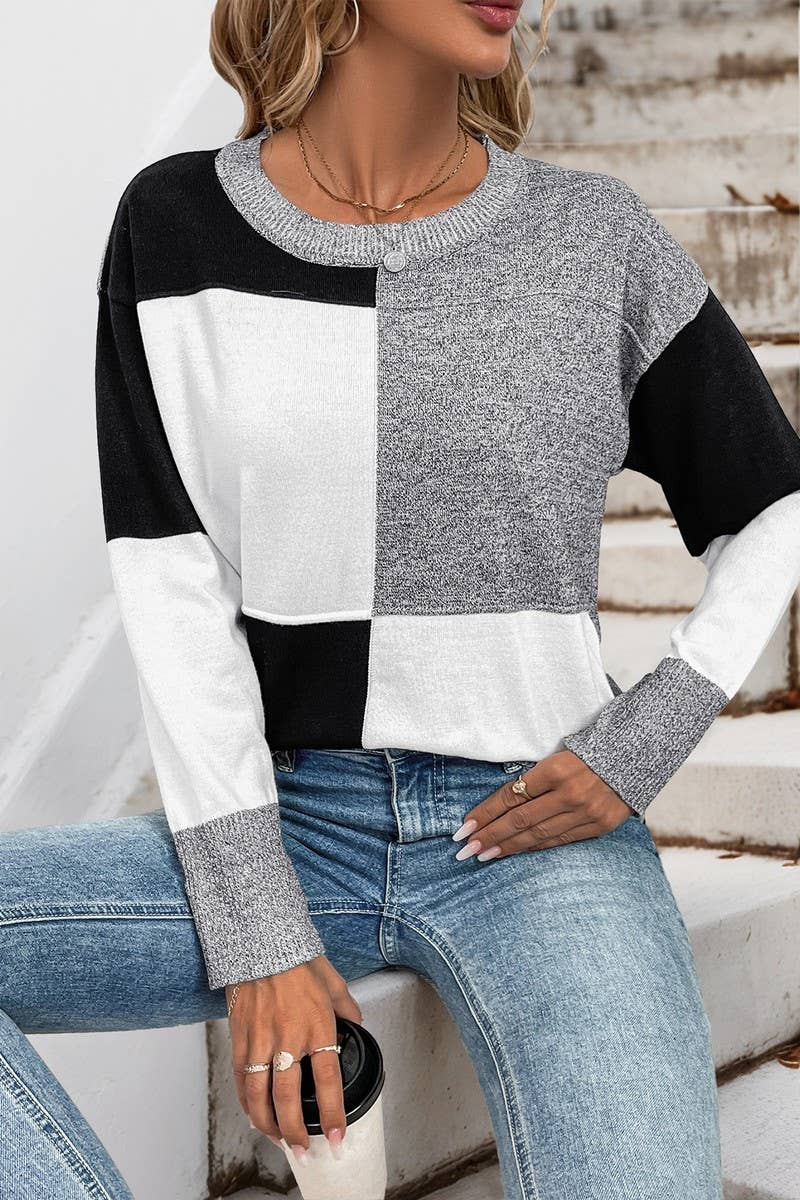 CWOSWL6901_LOOSE FIT COLORBLOCK CHECKERED KNIT SWEATER