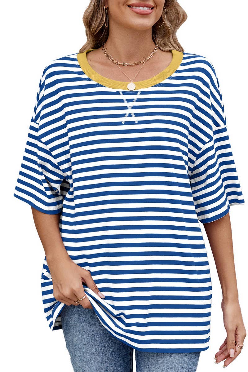 CWTBLS1736_STRIPED CONTRAST LOOSE SHORT-SLEEVED T-SHIRT TOP