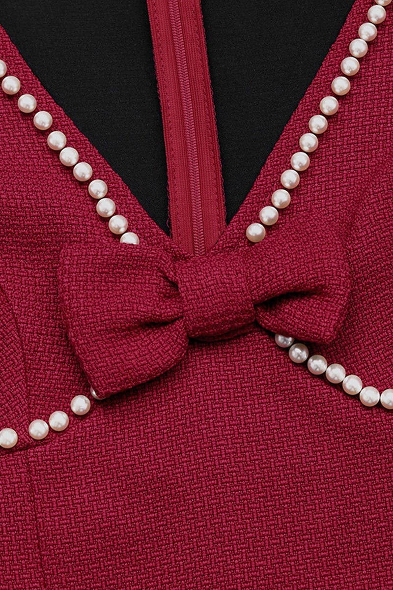 CWDSD10579_VINTAGE BOW PEARL DEEP V RED LONG SLEEVE DRESS