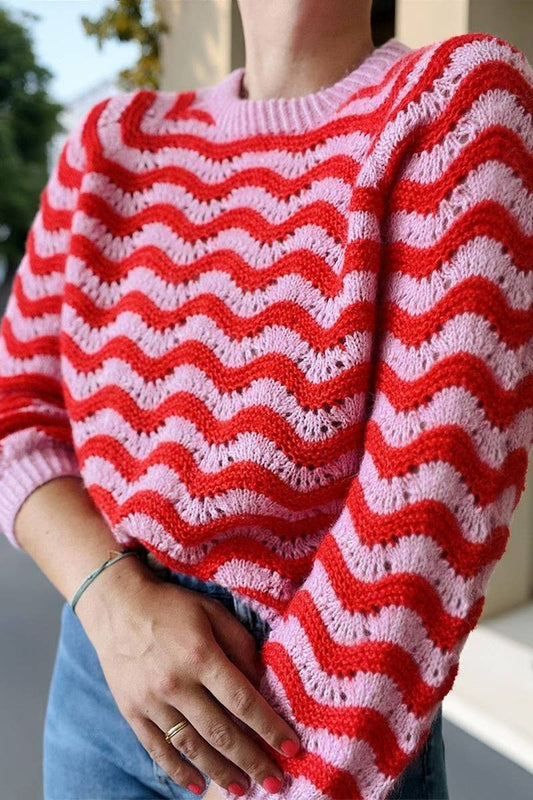 CWOSWL07449_CREW NECK WAVY STRIPE CASUAL KNIT SWEATER