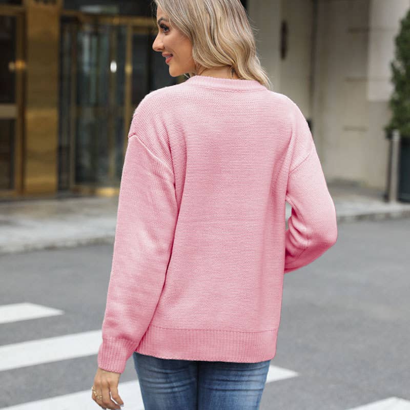 CREWNECK TWIST SOLID COLOR KNIT PULLOVER SWEATER