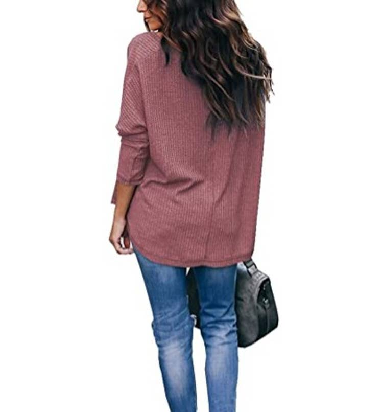 CWTTL1205_V-neck Long Sleeved Loose Knit Top