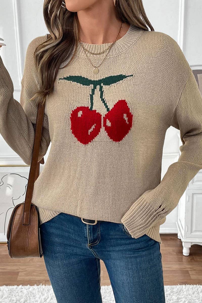 CWOSWL5913_CREW NECK CHERRY VALENTINE'S CHRISTMAS SWEATER