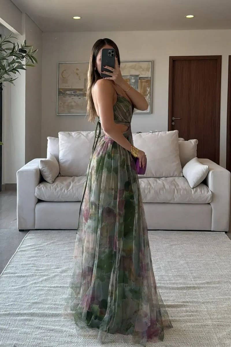 CWDMD01003_MESH PRINTED SUSPENDER CASUAL PARTY DRESS