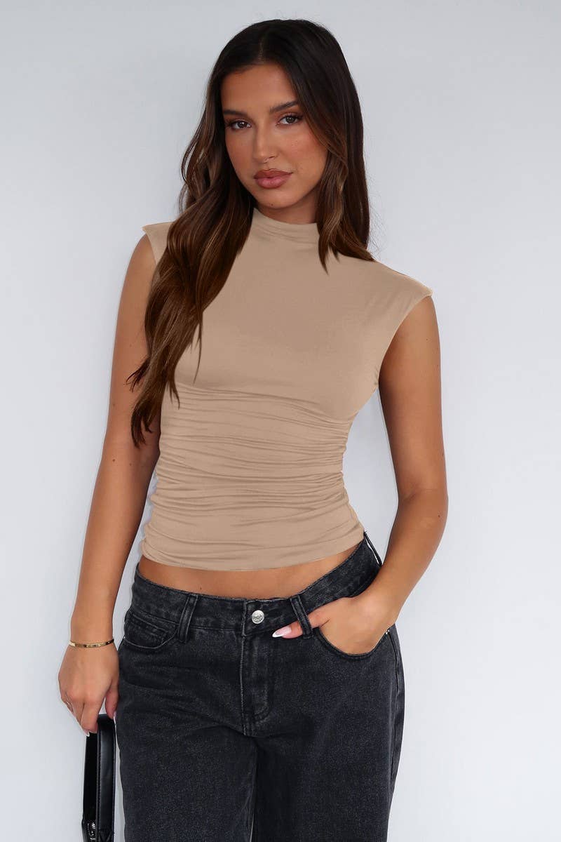 CWTBLSL0691_HALF TURTLENECK PLEATED SLEEVELESS TOP