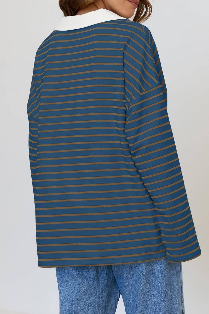 CWTBLL1811_LAPEL STRIPED V-NECK LOOSE SWEATSHIRT