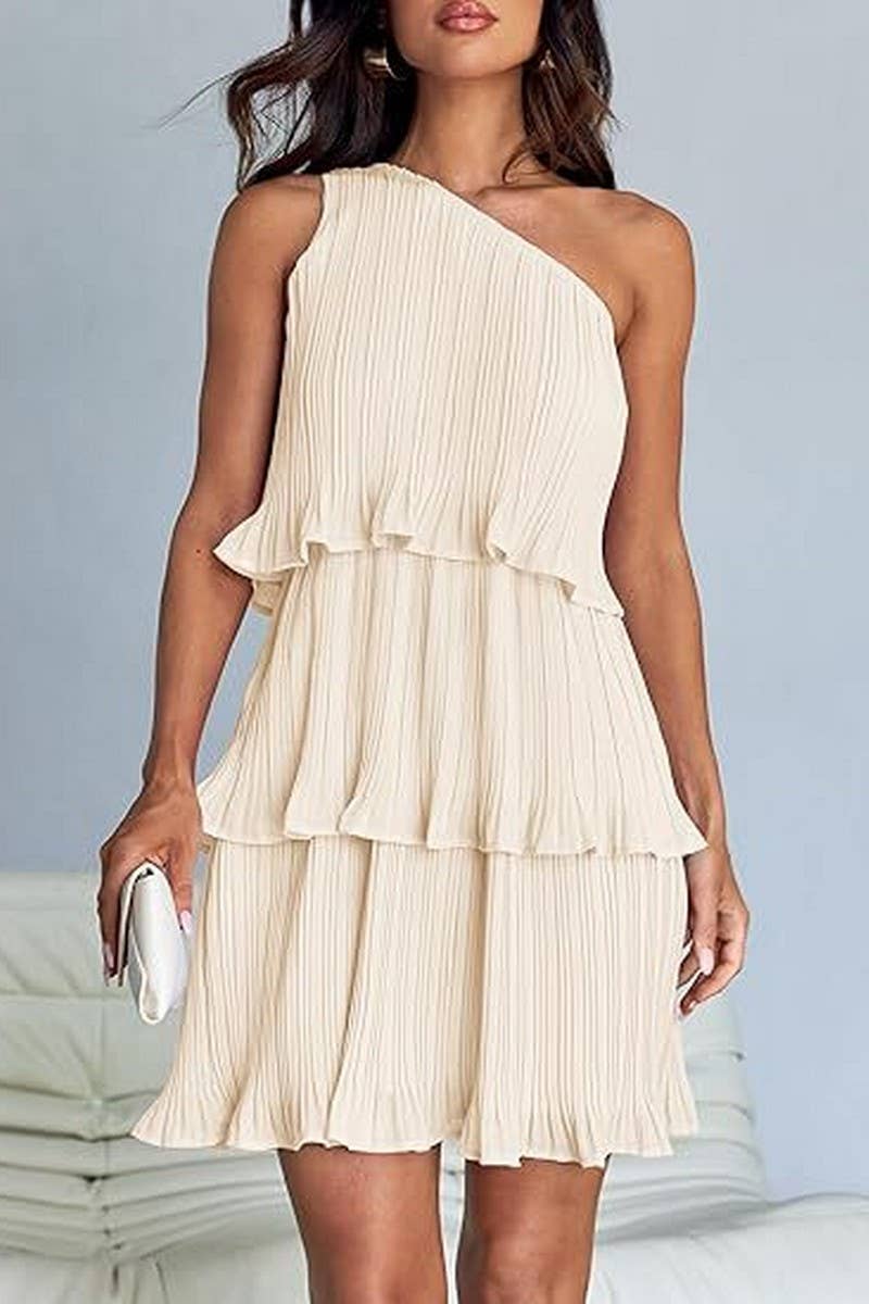 CWDSD7518_SUMMER OFF-SHOULDER LAYERED SOLID COLOR DRESS