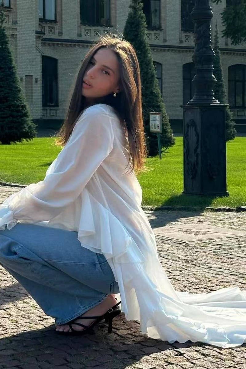 CWTSTL2877_V-NECK LONG SLEEVE ASYMMETRICAL HEM BLOUSE