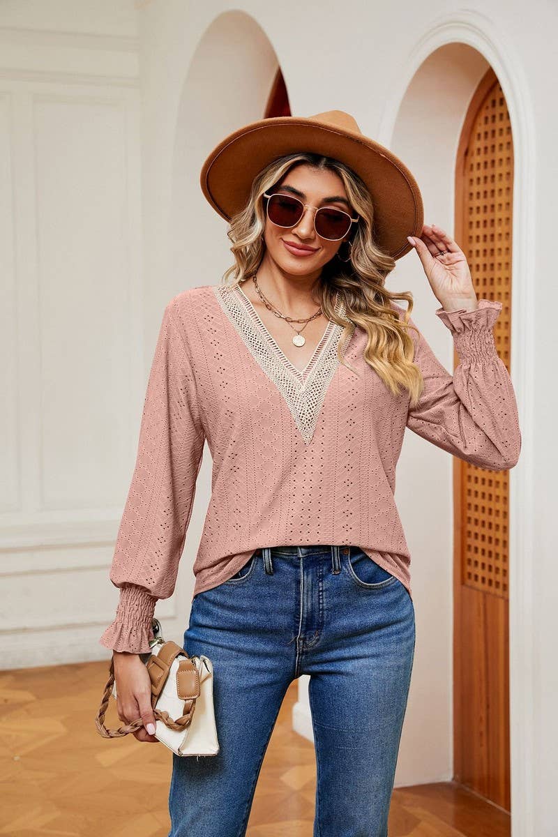 CWTBLL2389_V-NECK LACE STITCHING LONG-SLEEVED PULLOVER