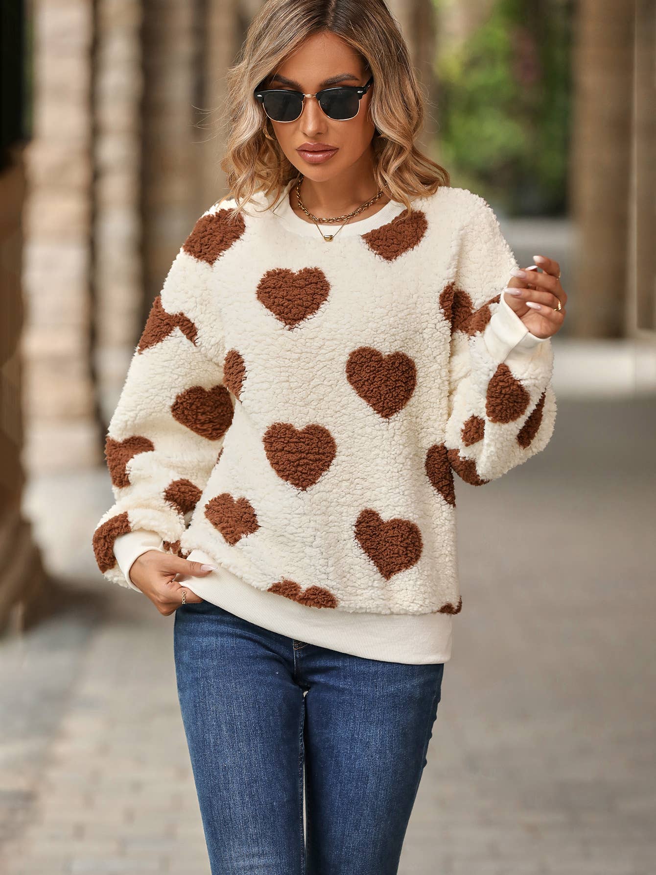 Fleece love print loose round neck pullover hoodie