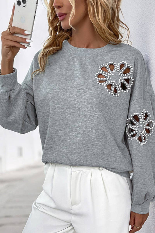 CWTBLL2319_BEADED ROUND NECK HOLLOW PULLOVER SWEATSHIRT
