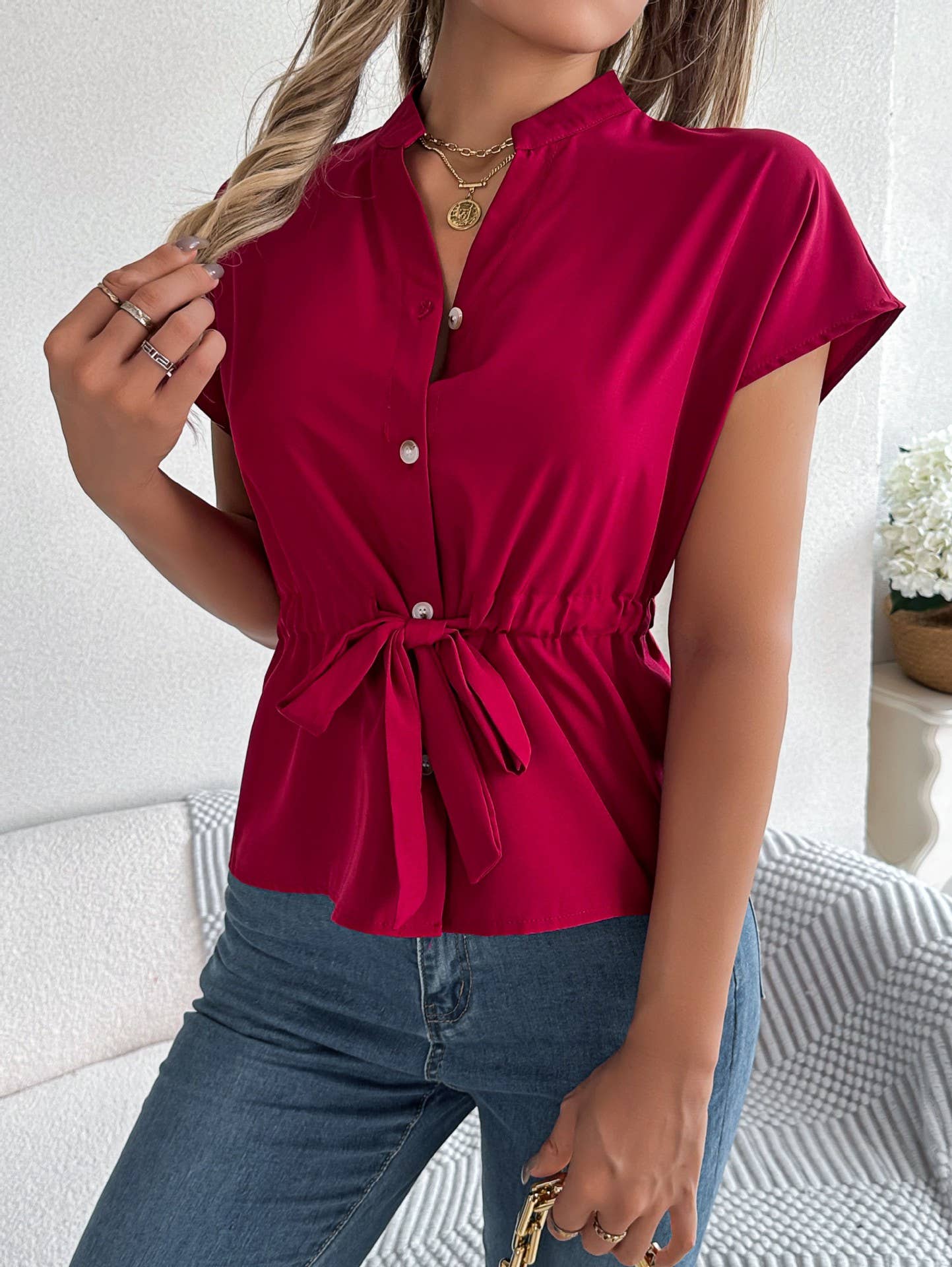 Casual solid color button-down drawstring shirt