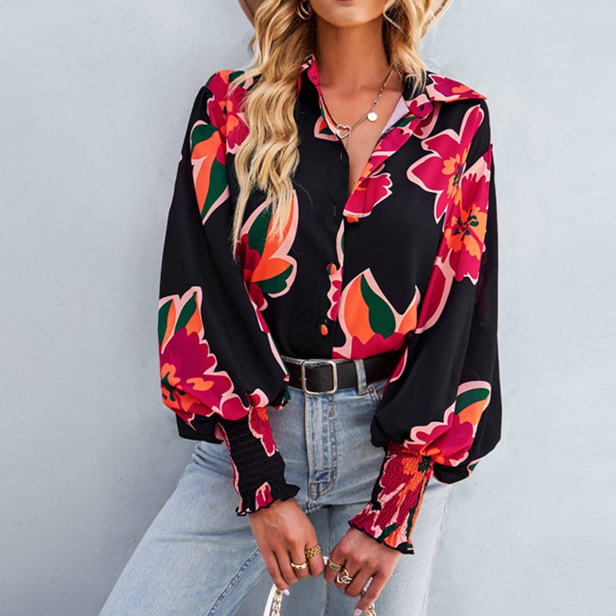 COLOR CONTRAST PRINT LOOSE CASUAL SHIRT FOR WOMEN