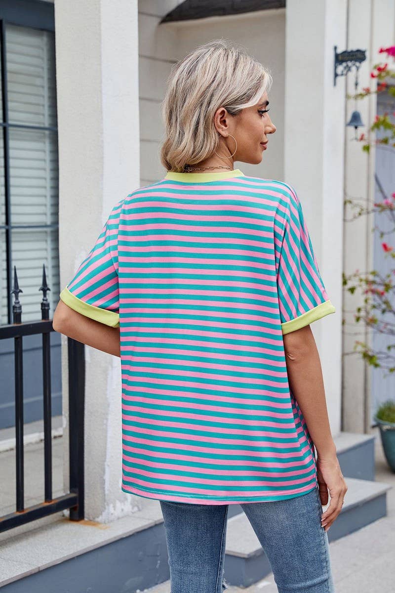 CWTTS1299_LOOSE STRIPED COLORBLOCK CREW NECK T-SHIRT TOP