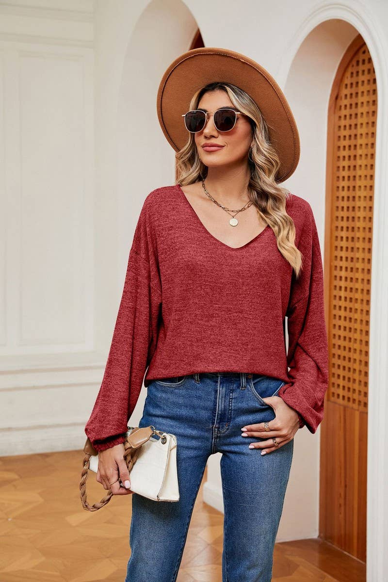 CWTBLL2402_SOLID COLOR V-NECK LONG-SLEEVED CROPPED TOP