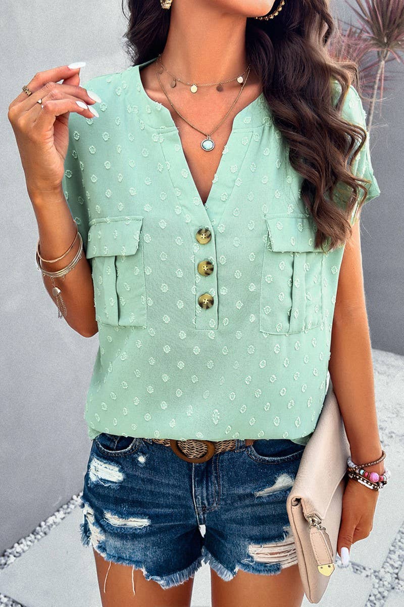 CWTBLS0387_V-Neck Button Detailed Short Sleeve Top