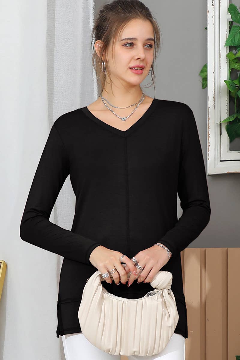 CWTTL968_LONG SLEEVE V NECK SIDE CUT OUT TUNIC TOP