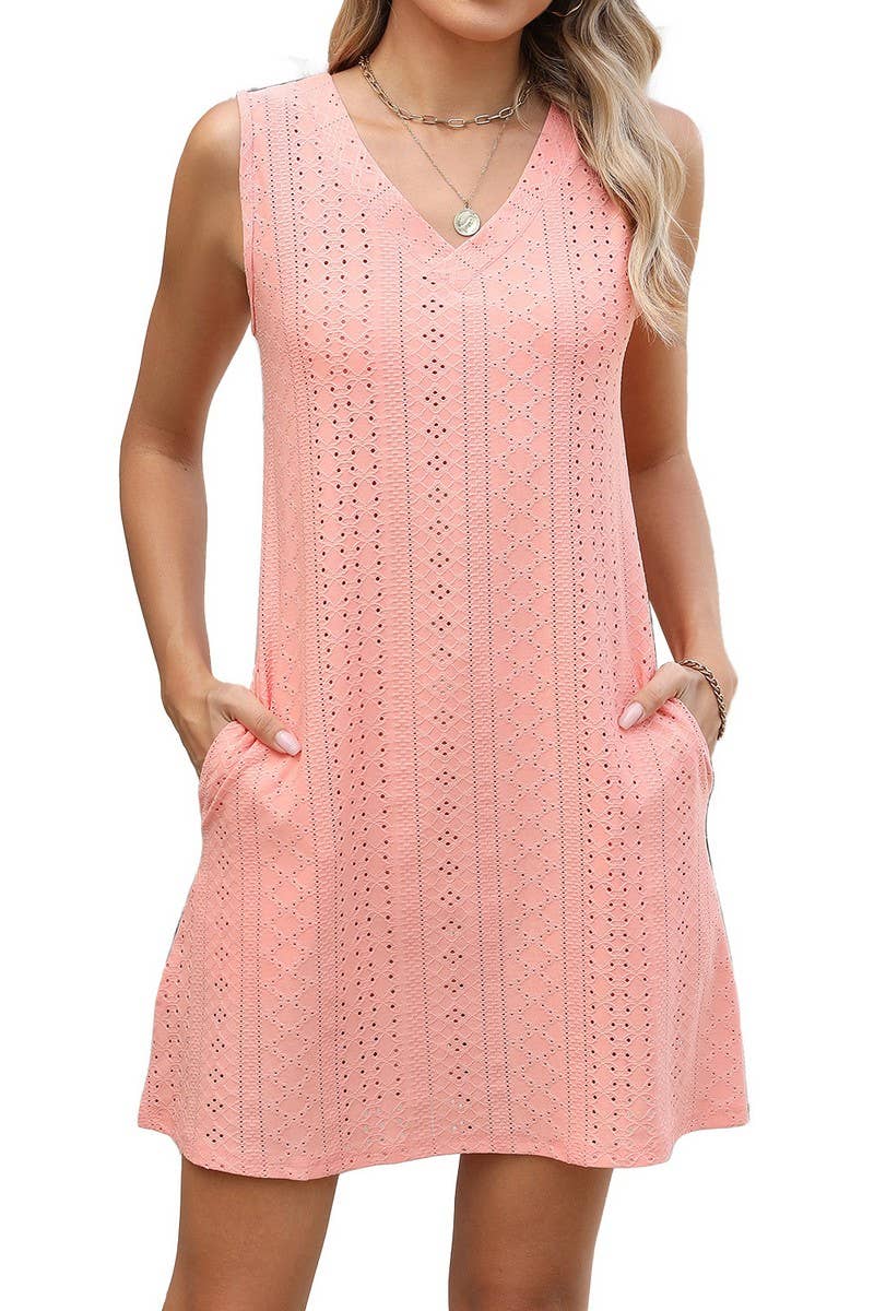 CWDSD10548_SUMMER CASUAL SOLID COLOR V-NECK DRESS