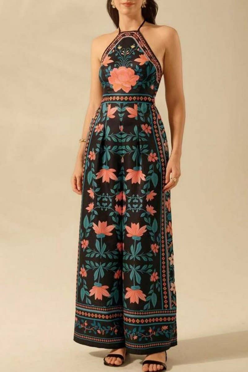 CWSJS1706_SEXY HALTER NECK FLORAL SLEEVELESS JUMPSUIT