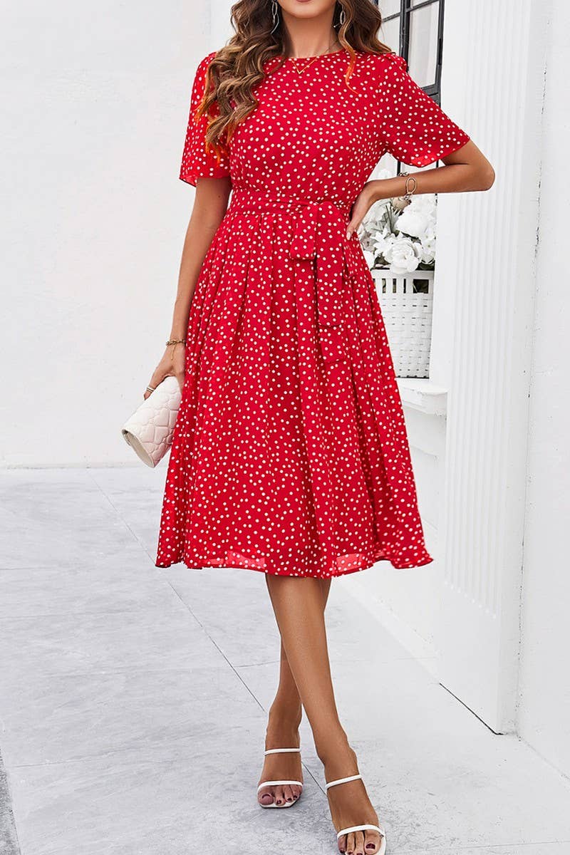CWDSD7139_TEMPERAMENT CASUAL POLKA DOT LACE-UP PRINT DRESS