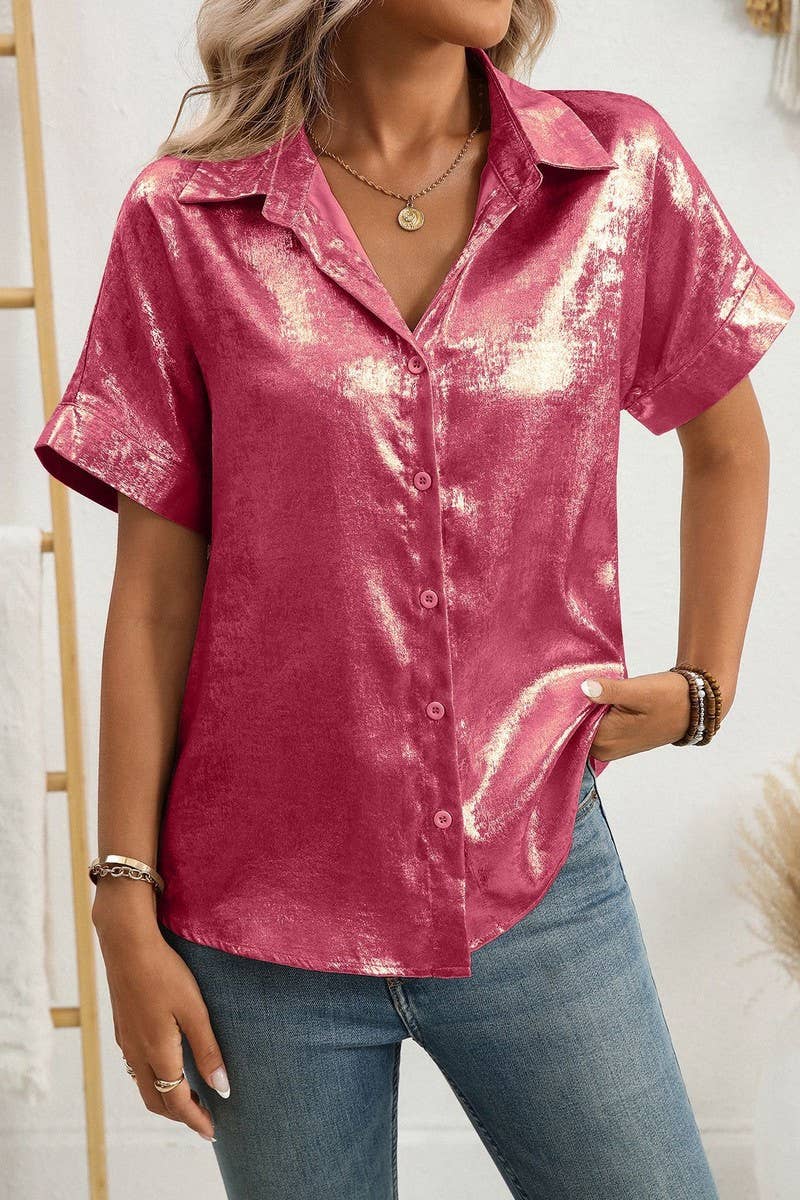 CWTBLS2257_METALLIC COLLARED SHORT SLEEVE RELAXED SHIRT