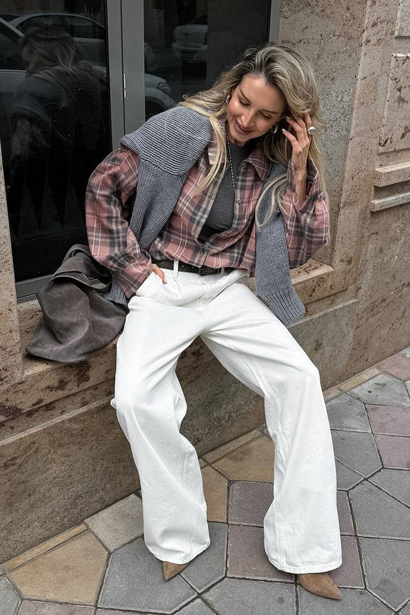 CWTBLL00583_PINK PLAID LONG-SLEEVED COMMUTER SHIRT