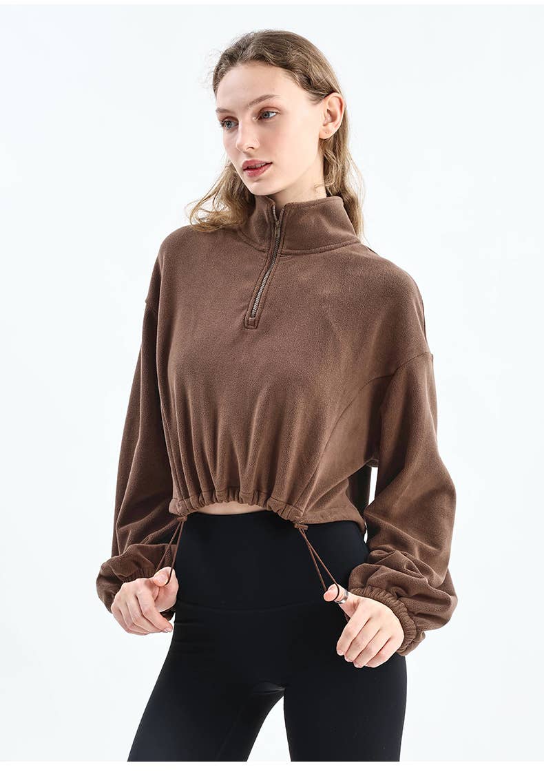 Adjustable hem semi-zipper fleece hoodie