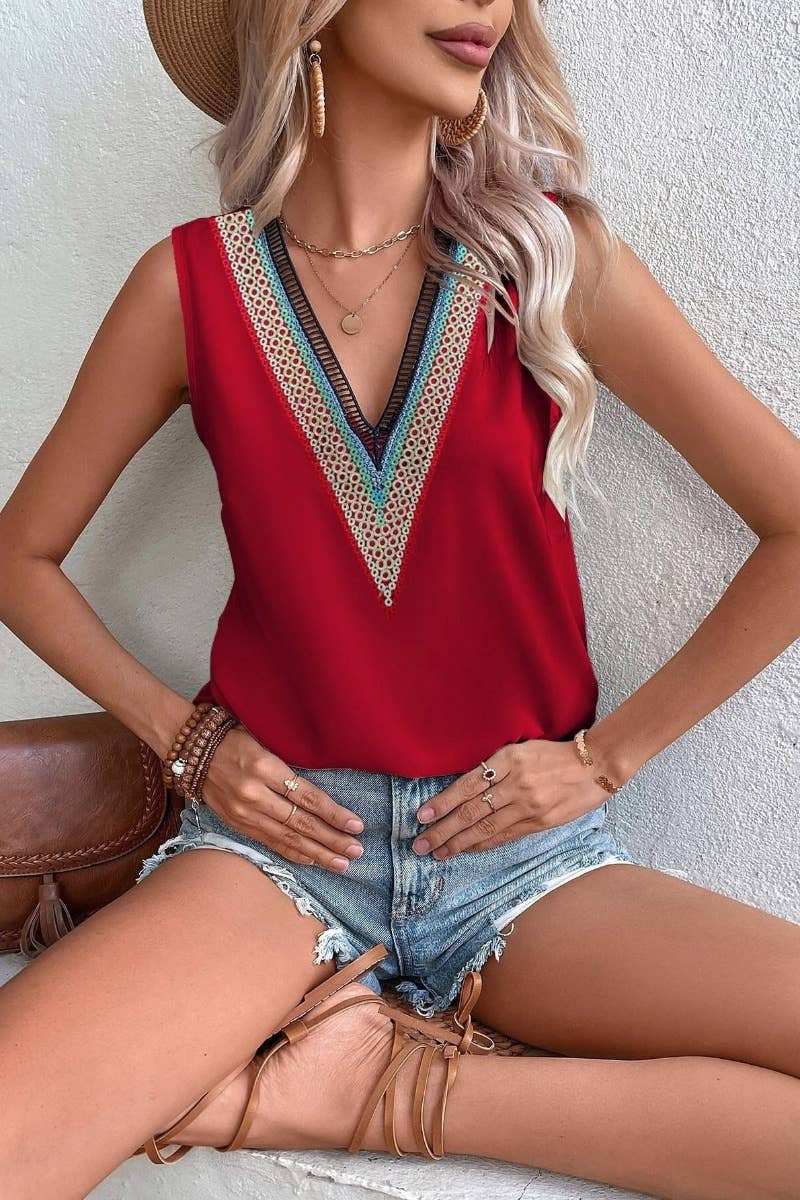 CWTBLSL0248_SUMMER V-NECK LACE SLEEVELESS CASUAL TOP VEST