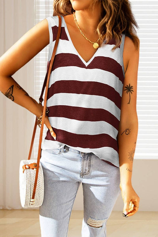 CWOV0429_CASUAL V-NECK SLEEVELESS STRIPED TANK TOP