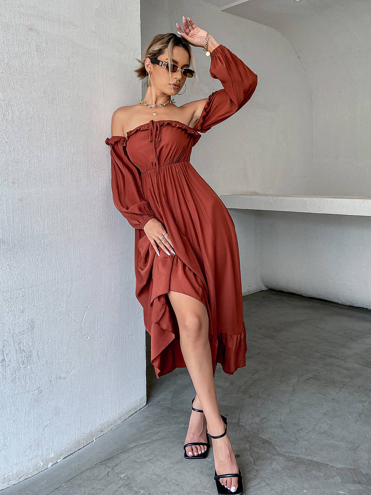 DROP SHOULDER LANTERN SLEEVE WAIST DRESS