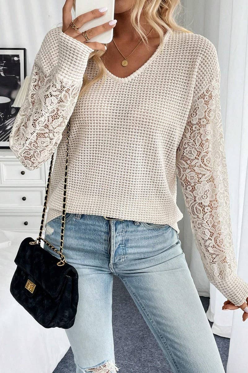 CWTBLL3533_SOLID V-NECK LACE PANEL LONG SLEEVE T-SHIRT TOP