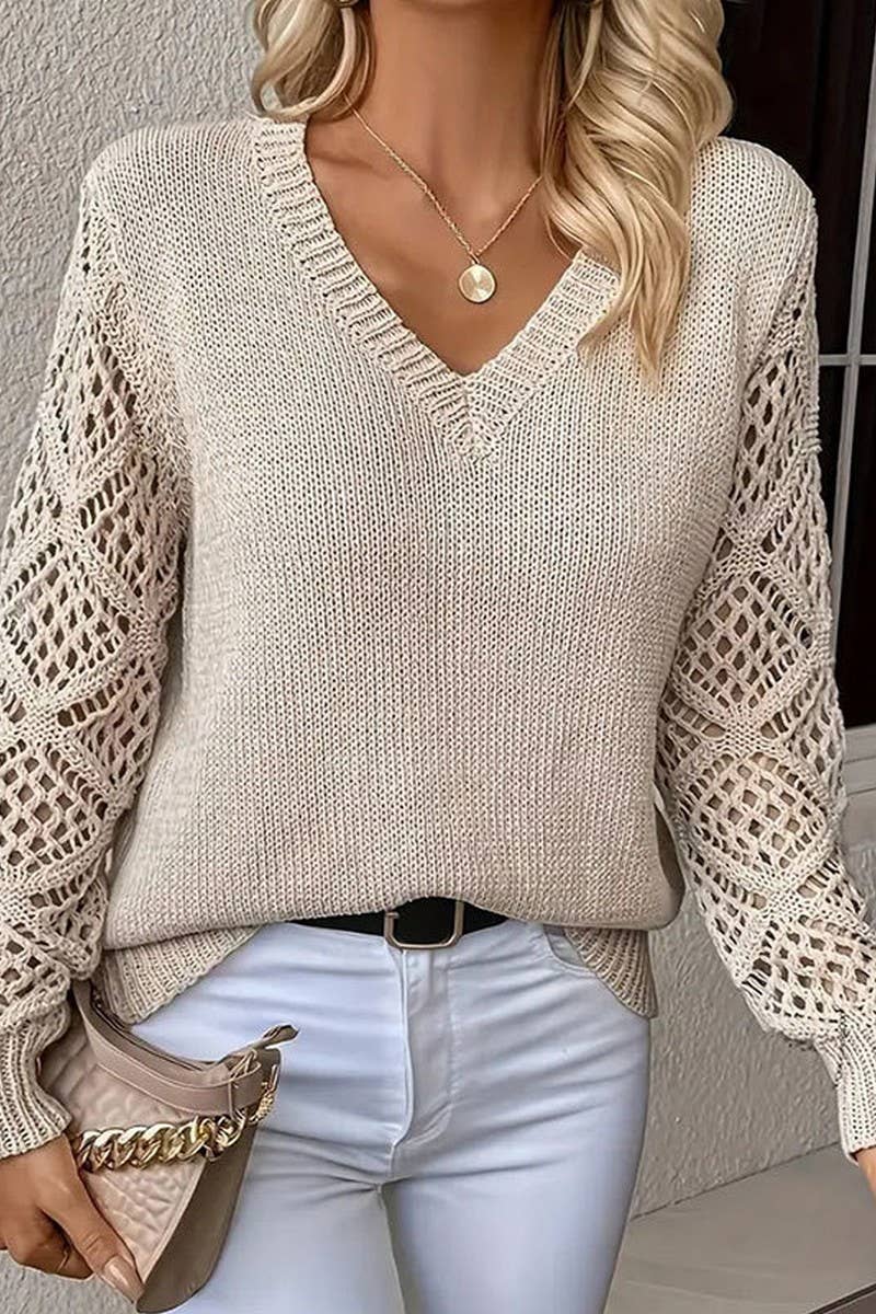 CWOSWL5807_HOLLOW LONG SLEEVE V-NECK PULLOVER KNIT TOP