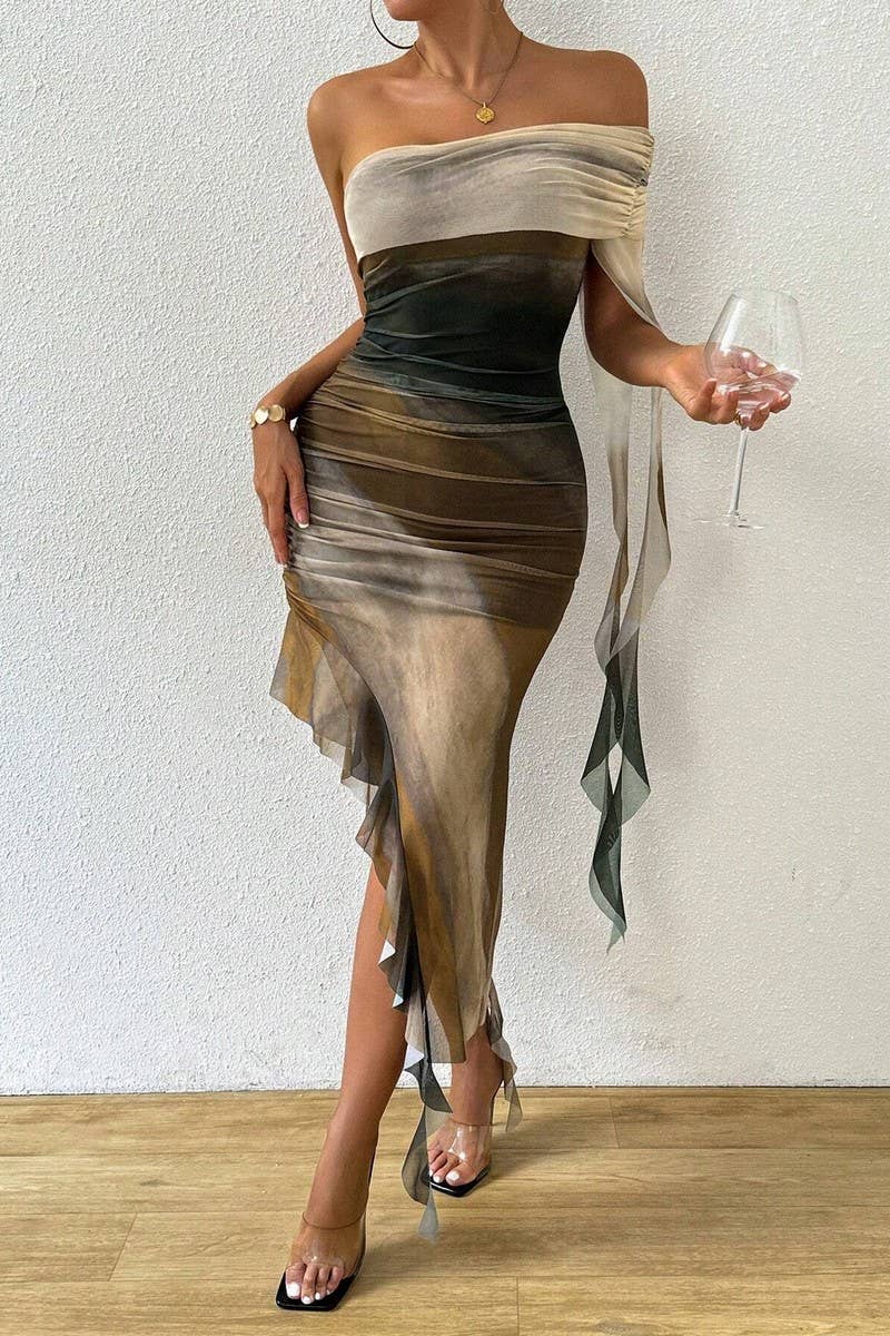 CWDSD7569_SUMMER SEXY PLEATED TUBE TOP SLIT SLIM DRESS