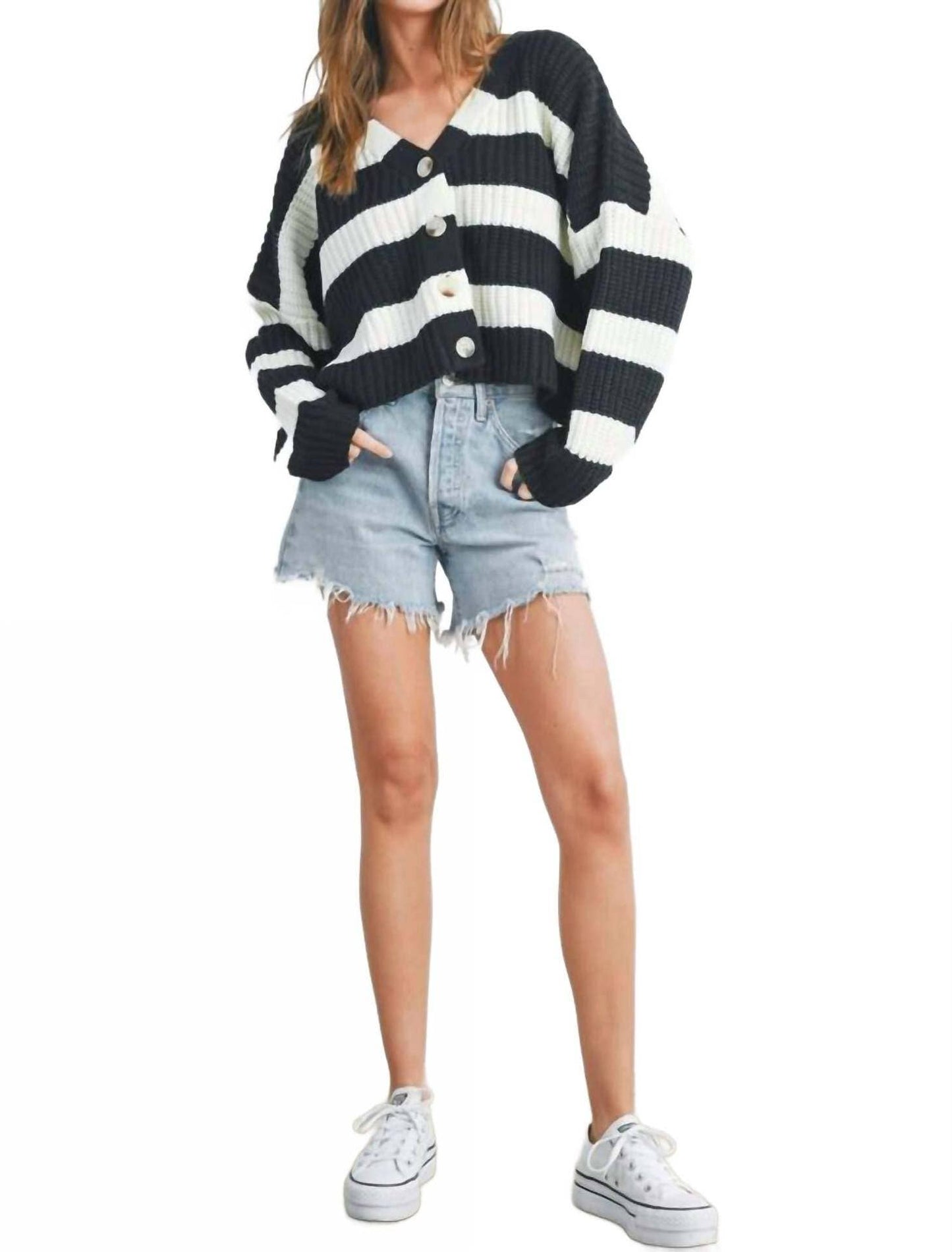 Casual striped V-neck loose knitted cardigan