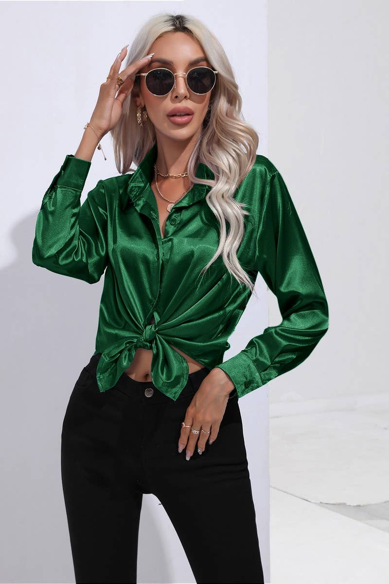 CWTBLL0690_Button Down Silky Satin Long Sleeve Top