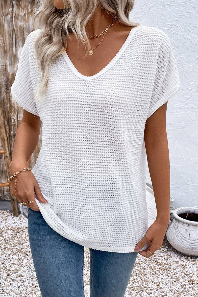 CWTBLS1550_WHITE V-NECK HOLLOW SHORT-SLEEVED T-SHIRT TOP