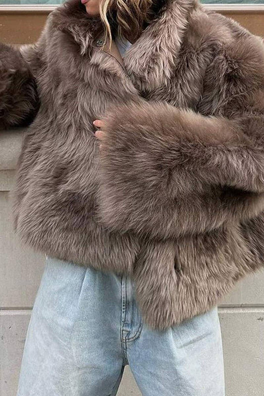 CWOCO0966_BROWN LAPEL PLUSH LOOSE FUR COAT