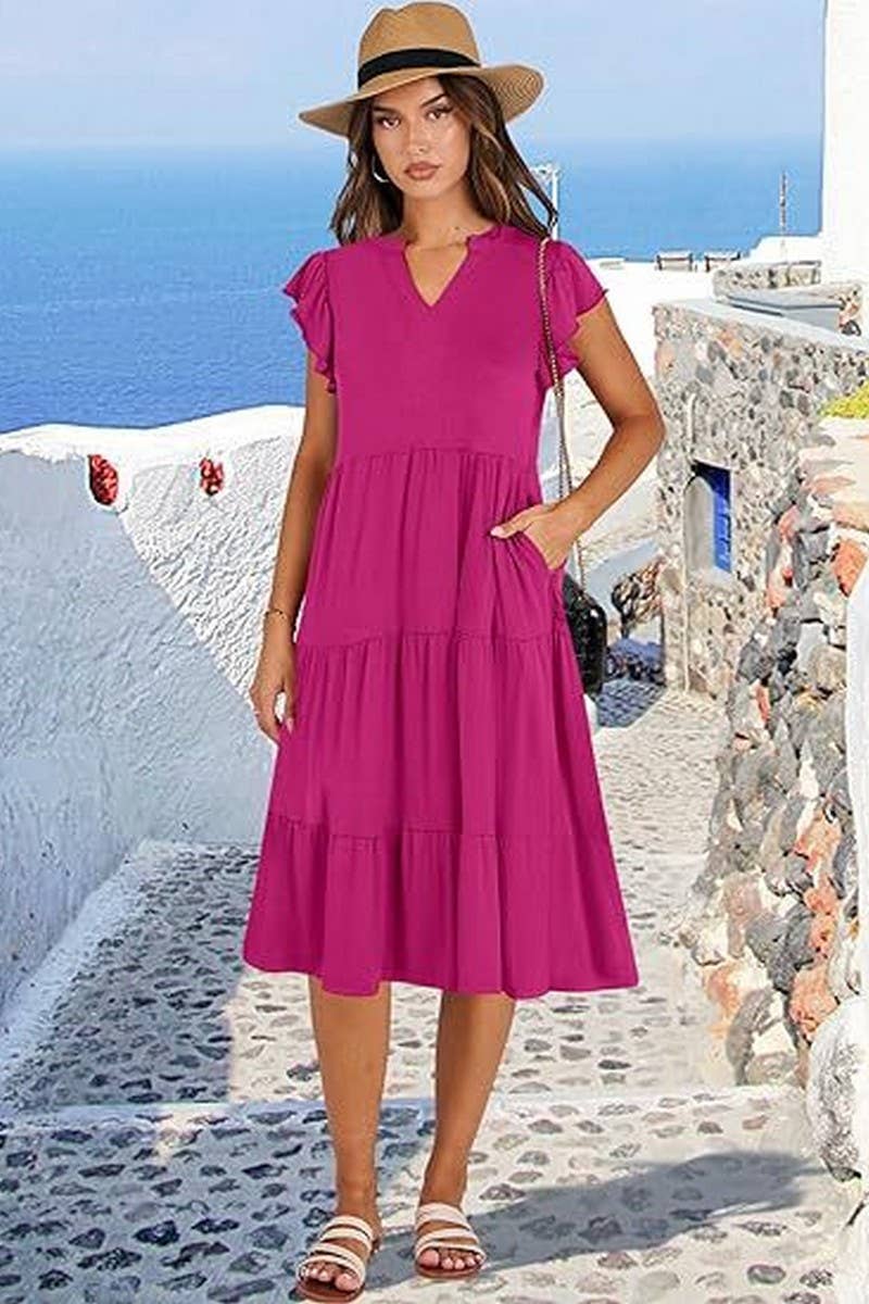 CWDMD6340_V-NECK RUFFLE SLEEVES WIDE POCKET DRESS