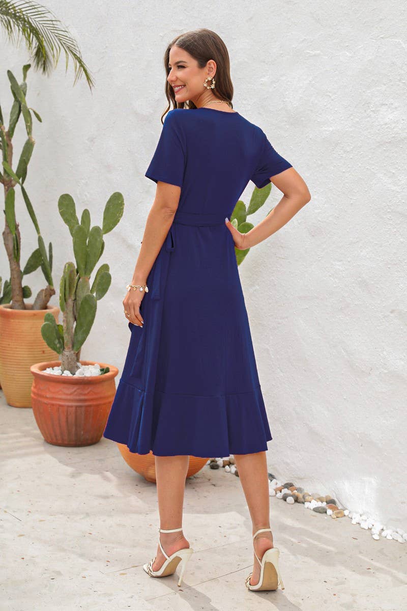 CWDMD2151_SOLID COLOR V-NECK HIGH WAIST BELTED DRESS