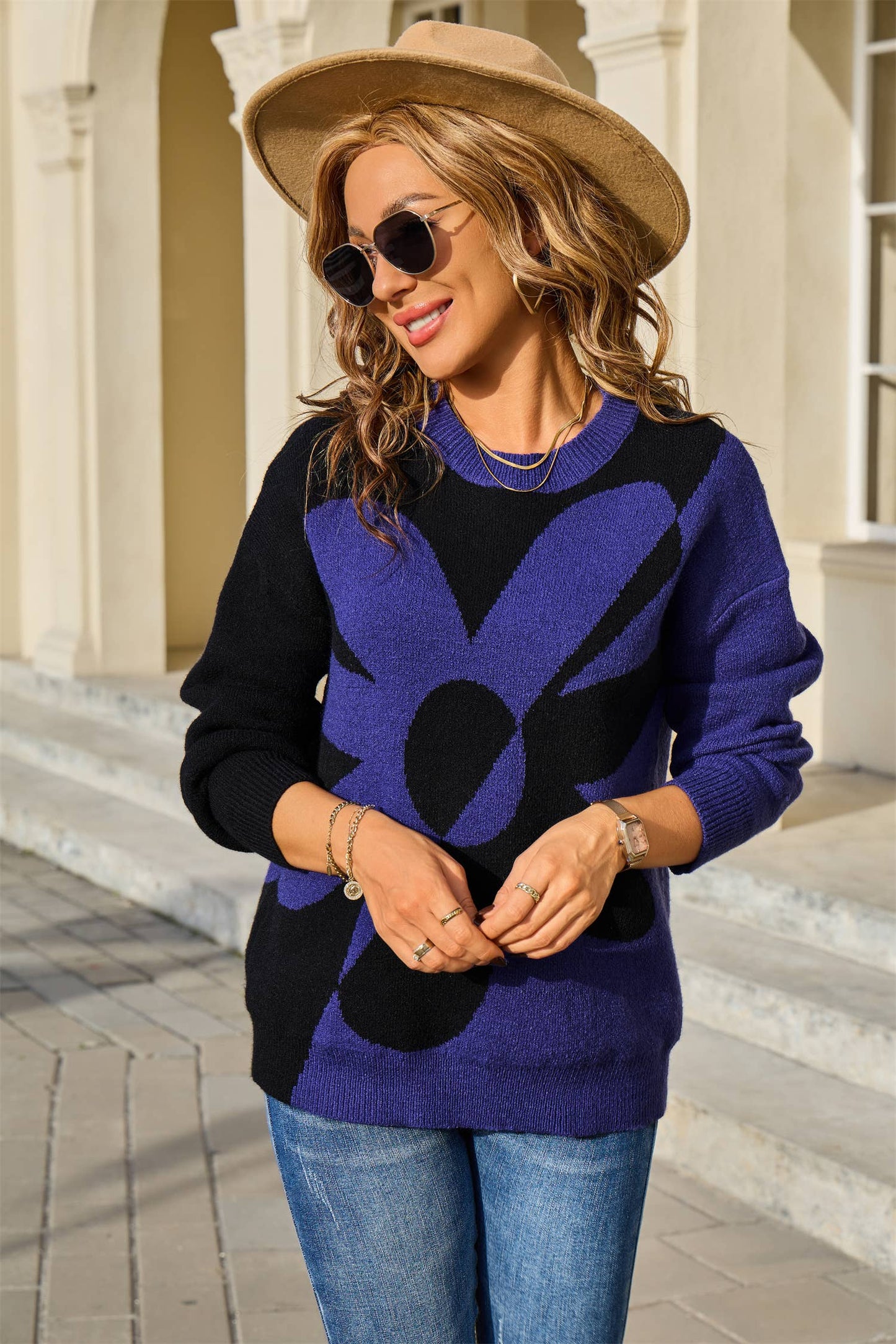Floral color-blocking knitted pullover sweater