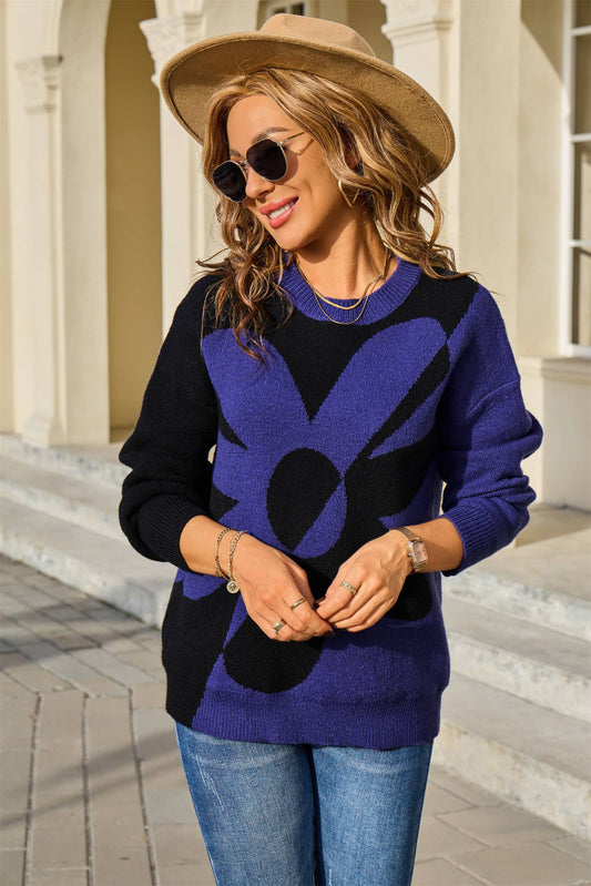 Floral color-blocking knitted pullover sweater