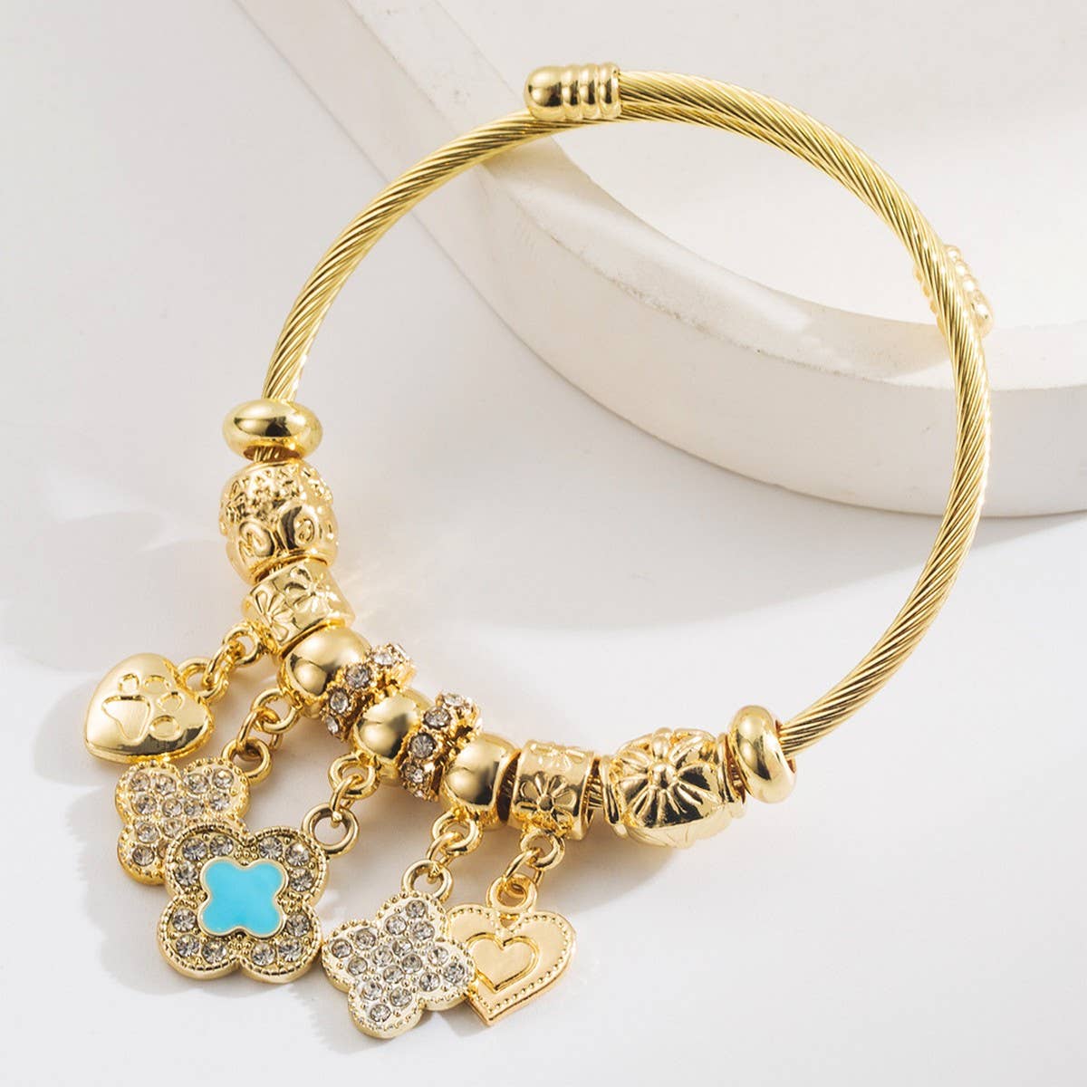 Trendy Gold Clover Heart Charm Bracelet