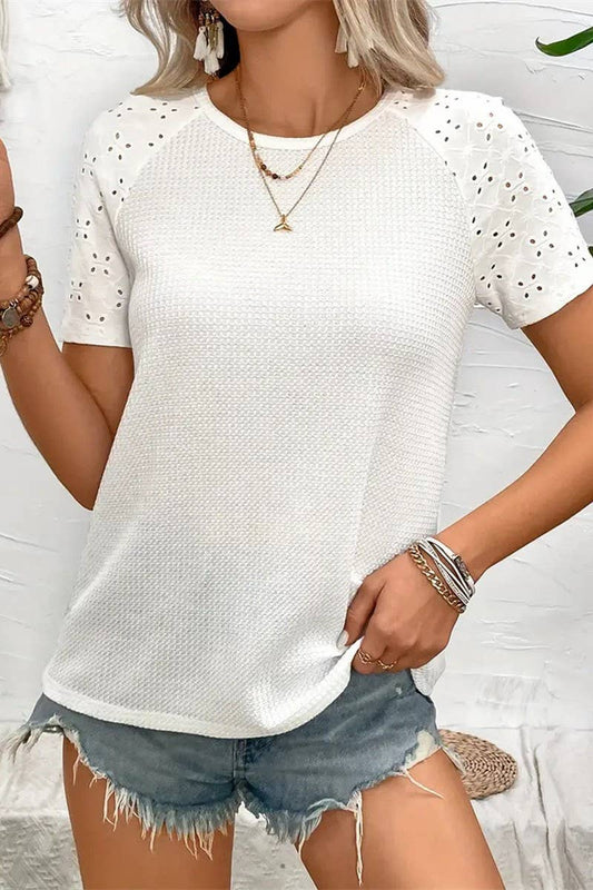 CWTTS1399_JACQUARD HOLLOW KNIT SHORT-SLEEVED LOOSE T-SHIRT