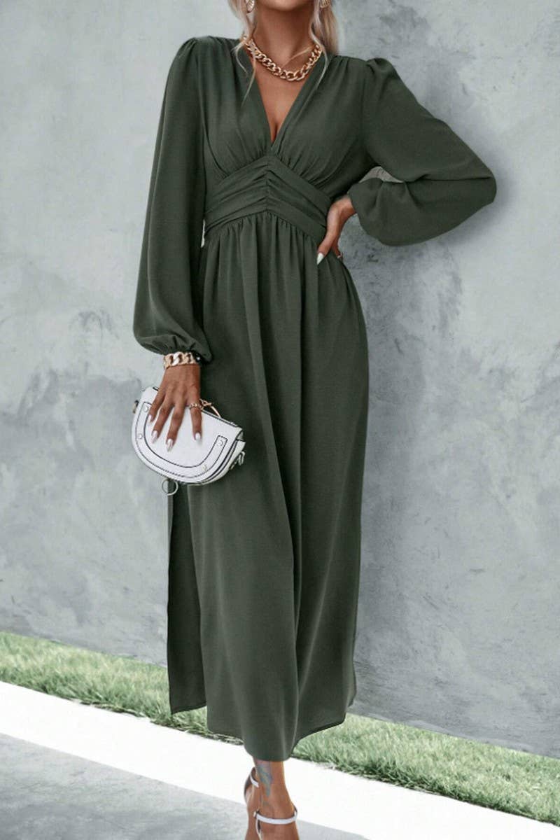 ELEGANT V-NECK PUFFED SLEEVE WAIST SLIT DRESS