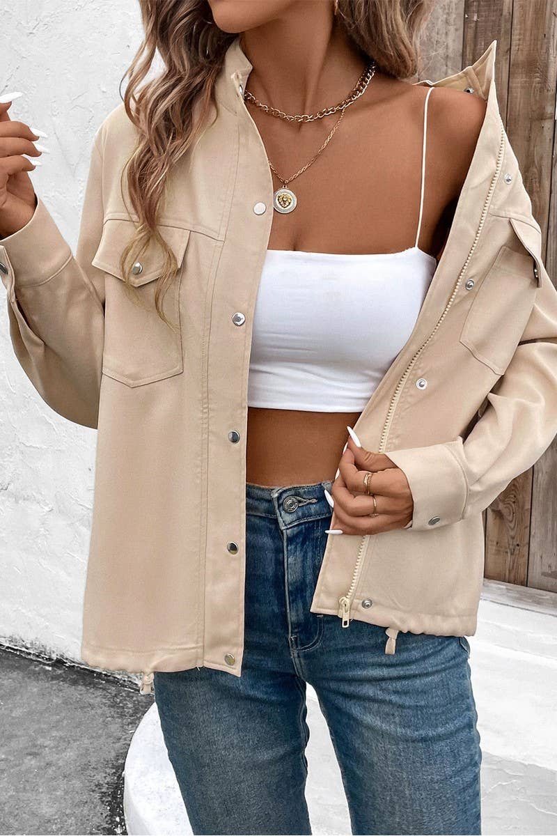 CWOJA1722_WOMEN'S CASUAL STAND COLLAR SOLID COLOR JACKET