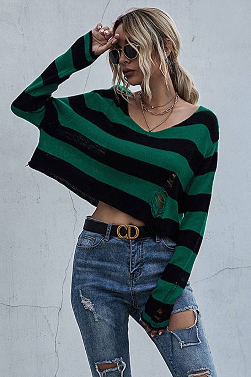 CWTSTL2722_STRIPED V-NECK LOOSE SHORT KNITTED SWEATER
