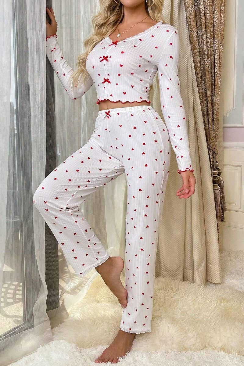 CWSPJ00492_HEART PRINT V NECK LONG SLEEVE PAJAMA SET