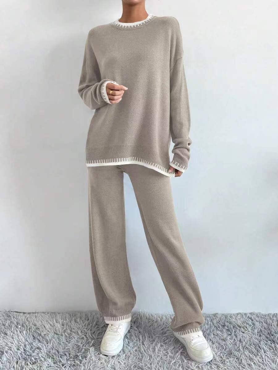 Contrast color sweater trousers two - piece set